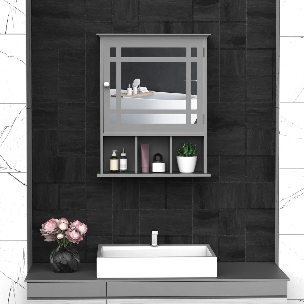 Gray Wall Mount Bathroom Cabinet with Mirror Door and Open Shelves G913379