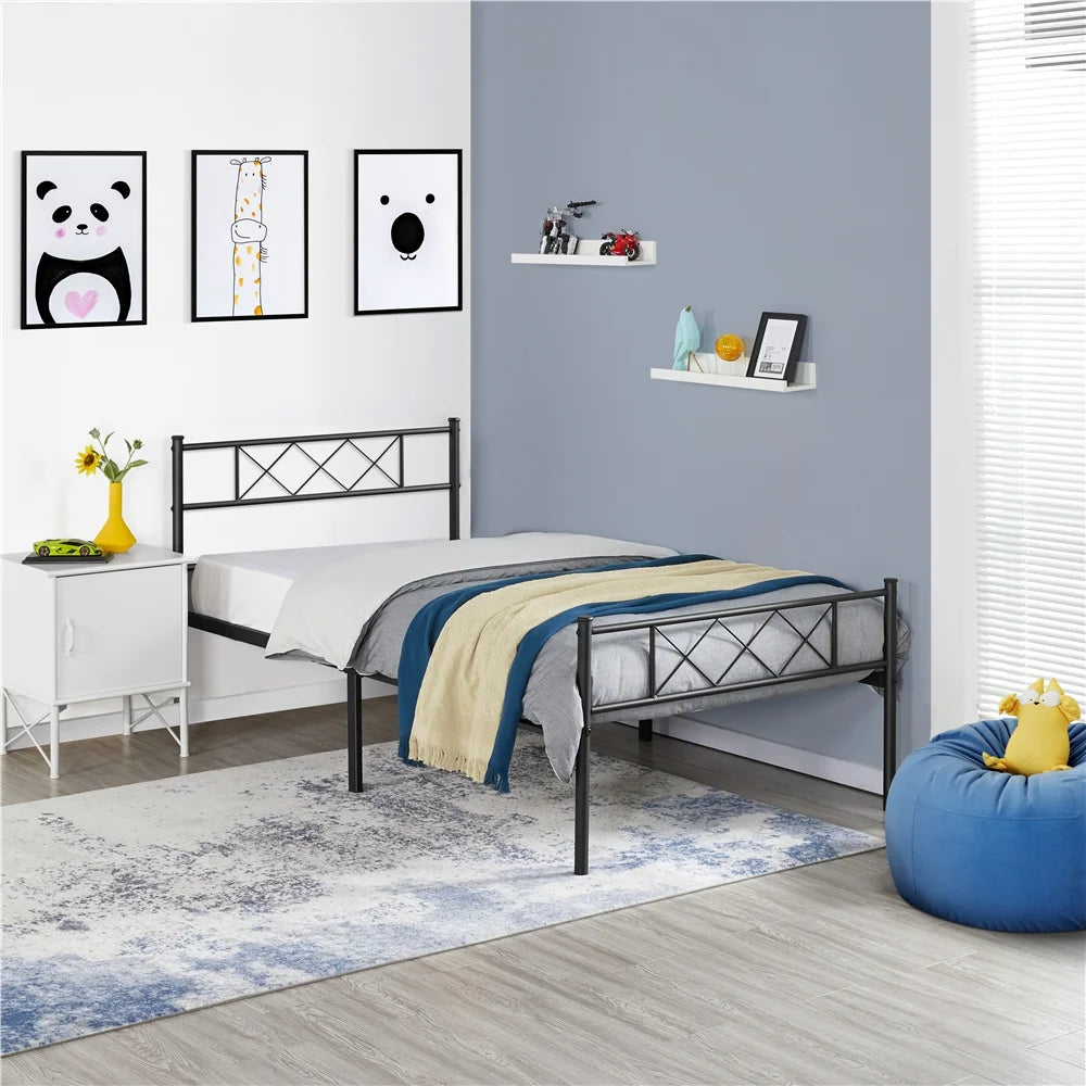 Black Twin Metal Slatted Bed Frame with Headboard Footboard C6289
