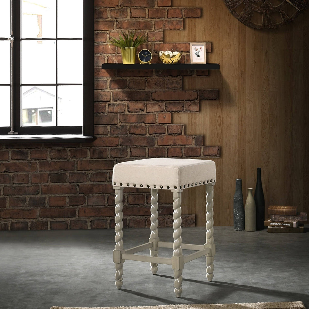 Cream Linen and Espresso Wood Twisted Leg Bar Stool Y11612