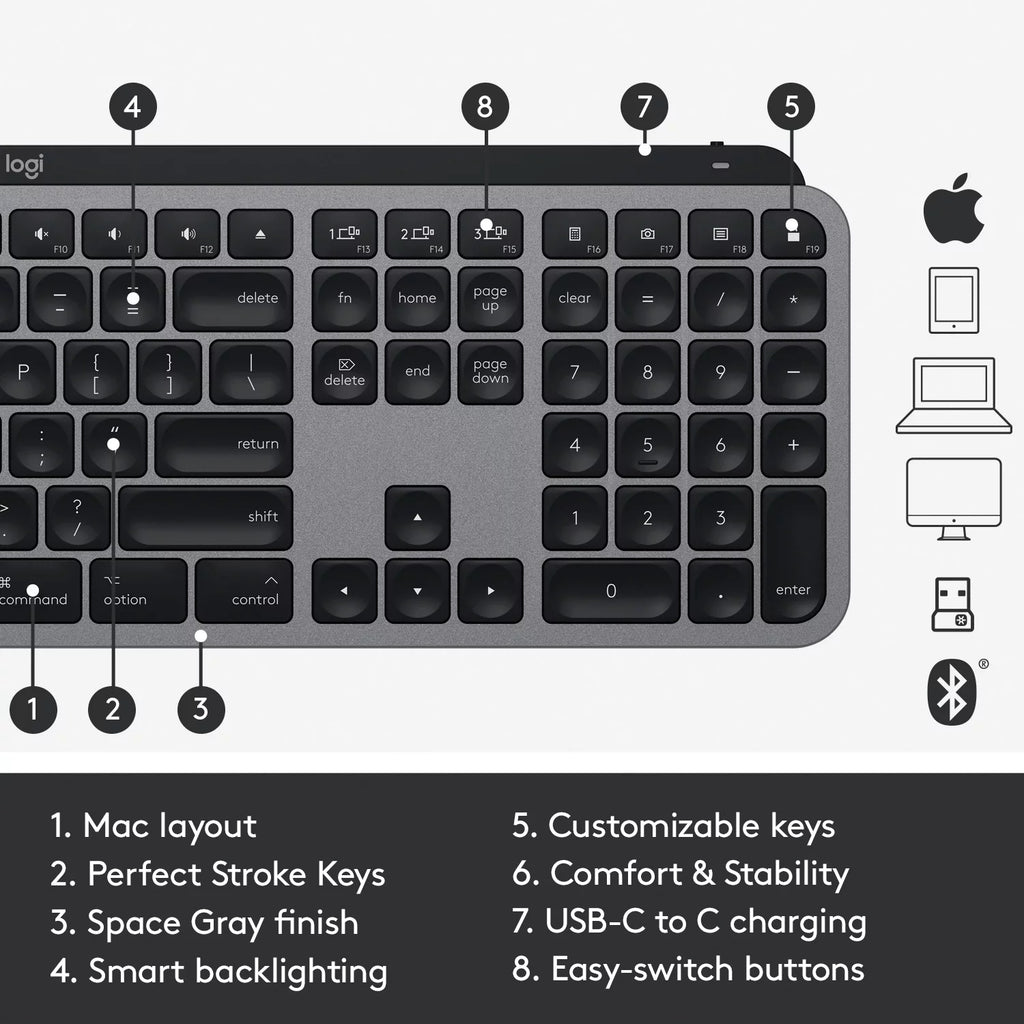 Wireless Illuminated Keyboard, Backlit LED Keys, Bluetooth, USB-C, Metal Build - Space Gray I880651