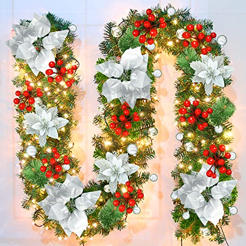9Ft Pre-lit Christmas Garland with LED Lights Battery Operated, Decorated with Red Flower, Balls, Berries, Snowy Pine X710