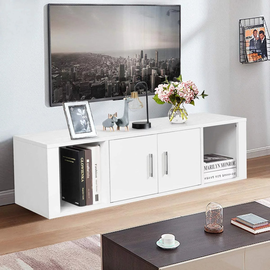 Wall Mounted Storage Cabinet 2 Cube Floating Desk with 2 Doors and 2 Open Shelves White Z1271