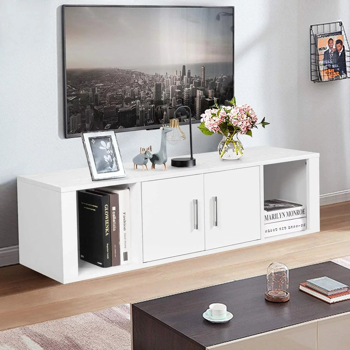 Wall Mounted Storage Cabinet 2 Cube Floating Desk with 2 Doors and 2 Open Shelves White Z1271