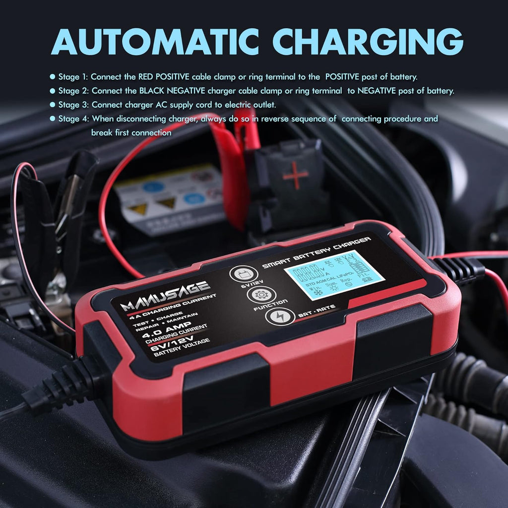 4-Amp 6V 12V Portable Battery Charger and Maintainer Pack of 2 B6716