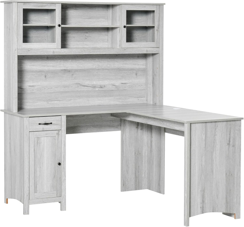 White L-Shaped Desk with Hutch and Drawers E153995