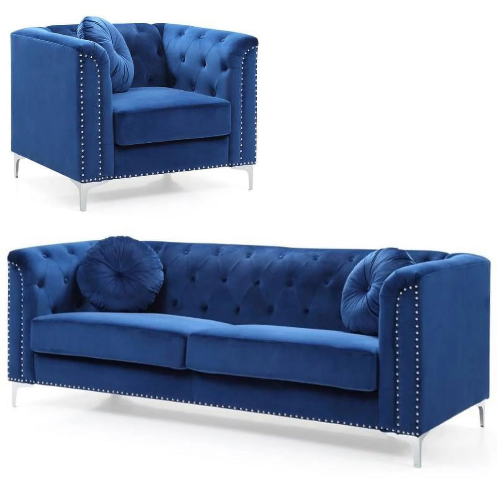 Velvet Sofa and Chair 2-Piece Set Navy Blue K9715