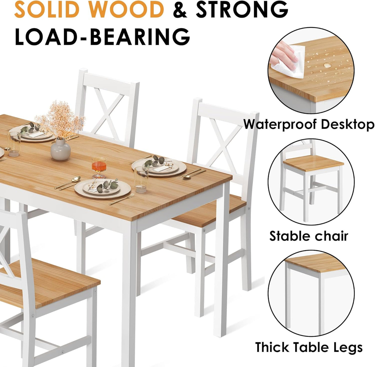 5 Piece Pine Wood Dining Table Set with 4 Chairs T457