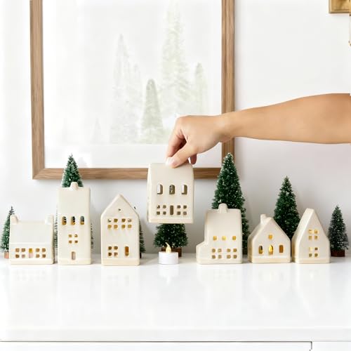White Ceramic Christmas Village Set with LED Tea Lights and Mini Trees T730