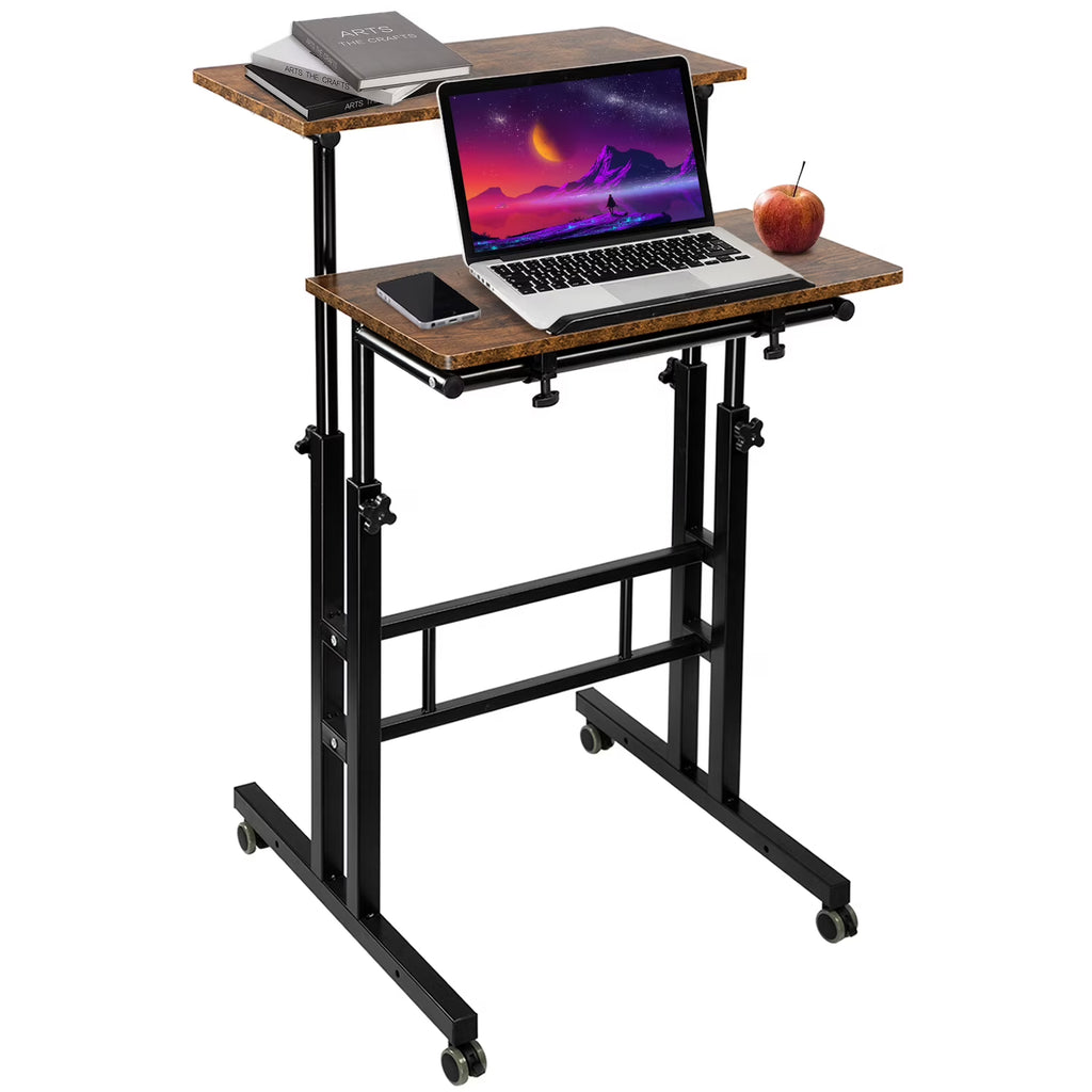 Rustic Brown Adjustable Height Rolling Desk Laptop Cart Z826771