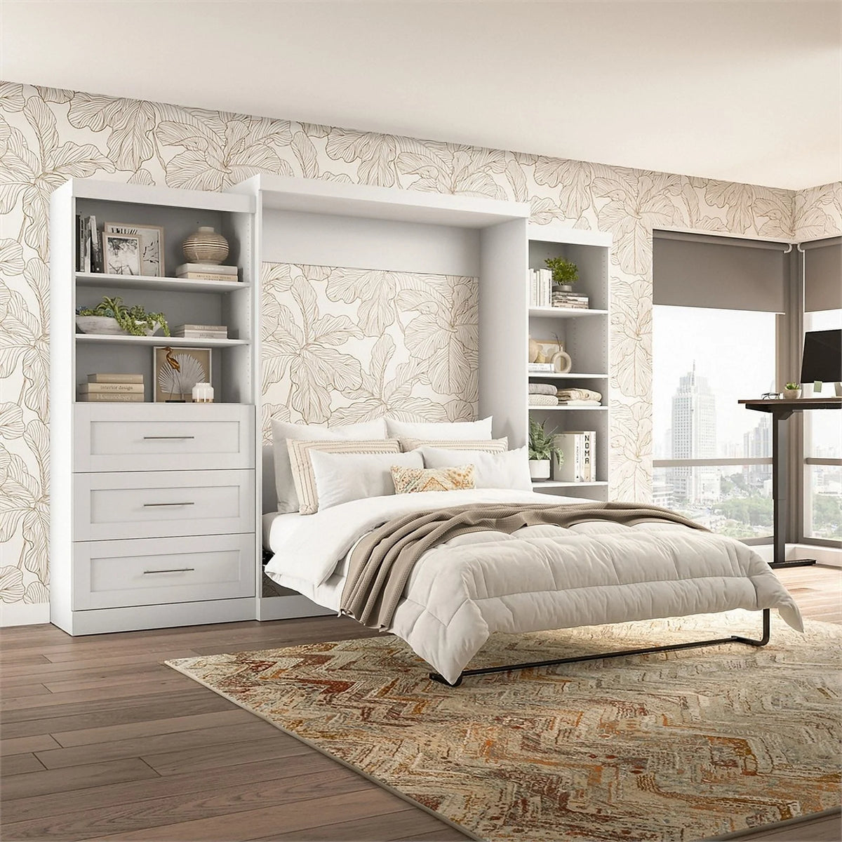 White Wood Queen Storage Wall Bed I599