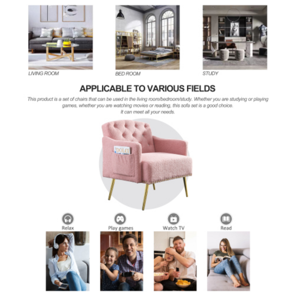 Pink Teddy Upholstered Chesterfield Chair with Gold Hardware Legs H457