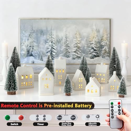 White Ceramic Christmas Village Set with LED Tea Lights and Mini Trees T730