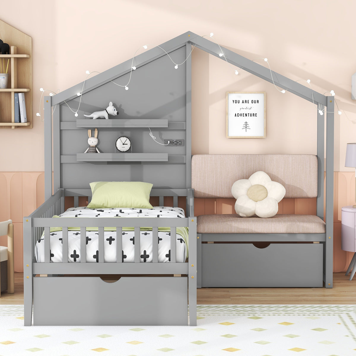 Twin Size House Bed with Upholstered Sofa, Charging Station, Shelves and Two Drawers, Gray Y778429