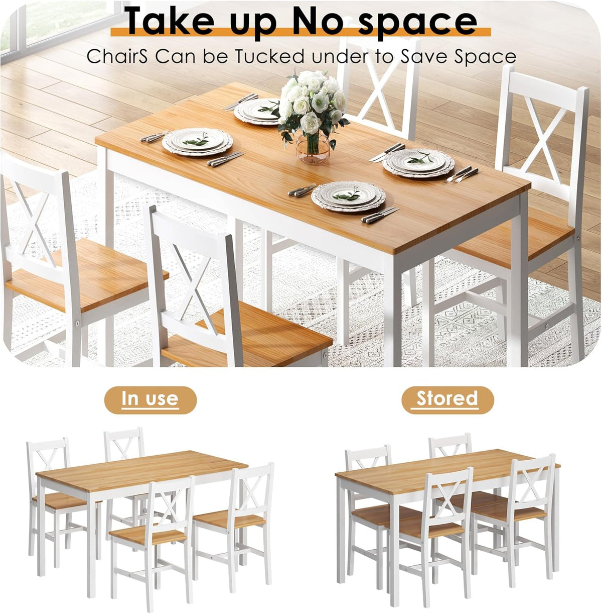 5 Piece Pine Wood Dining Table Set with 4 Chairs T457