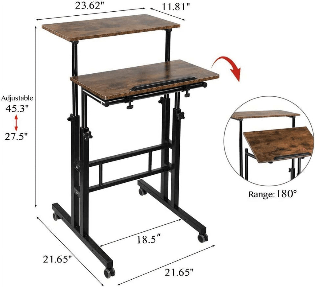 Rustic Brown Adjustable Height Rolling Desk Laptop Cart Z826771