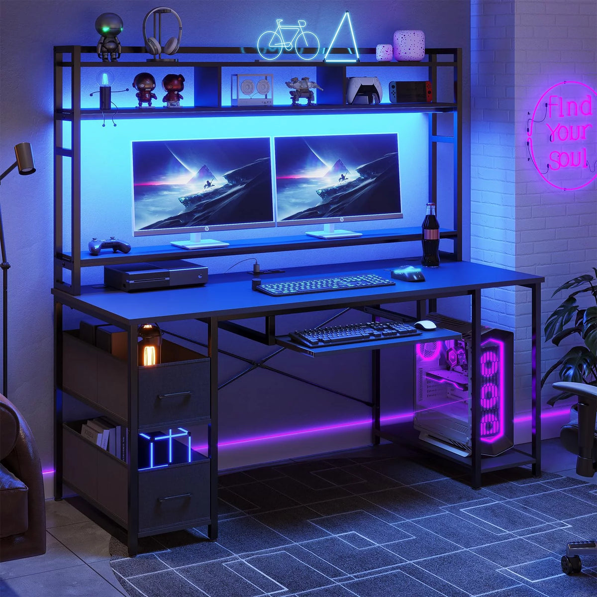 55" Black Wood Computer Desk with LED Lights O209