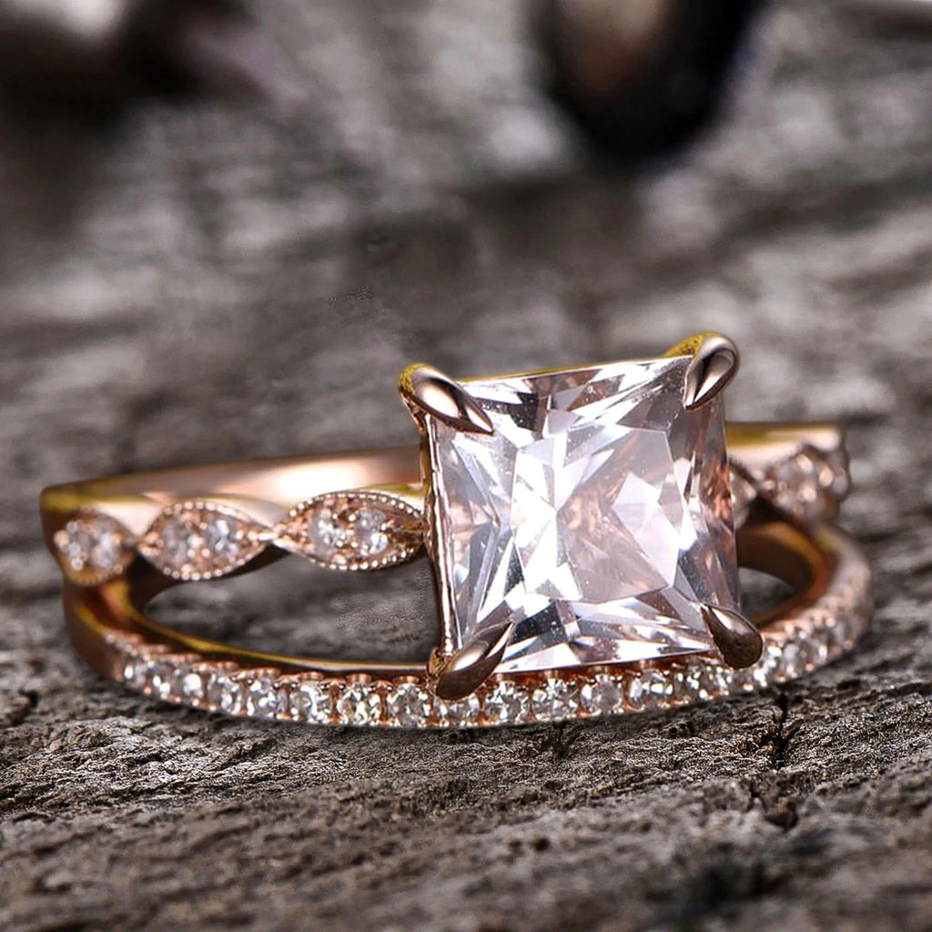 10k Rose Gold Morganite Diamond Moissanite Wedding Set S659