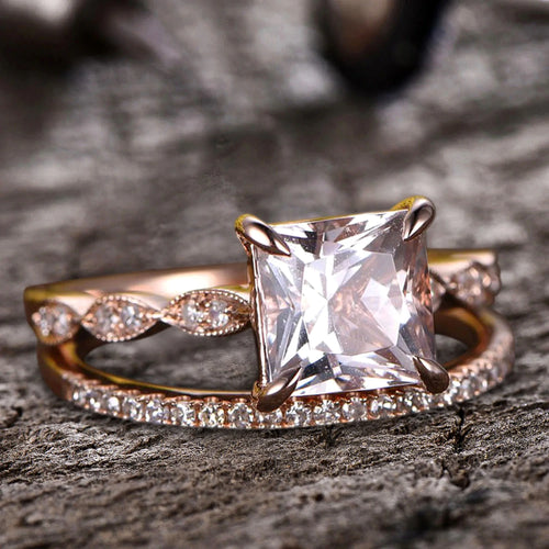 10k Rose Gold Morganite Diamond Moissanite Wedding Set S659