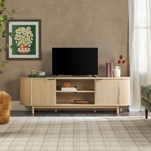 60 Inch Coastal Oak TV Stand with Sliding Doors R4724