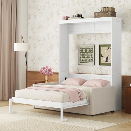Queen Size Murphy Bed with Sofa and Top Shelf White A87712