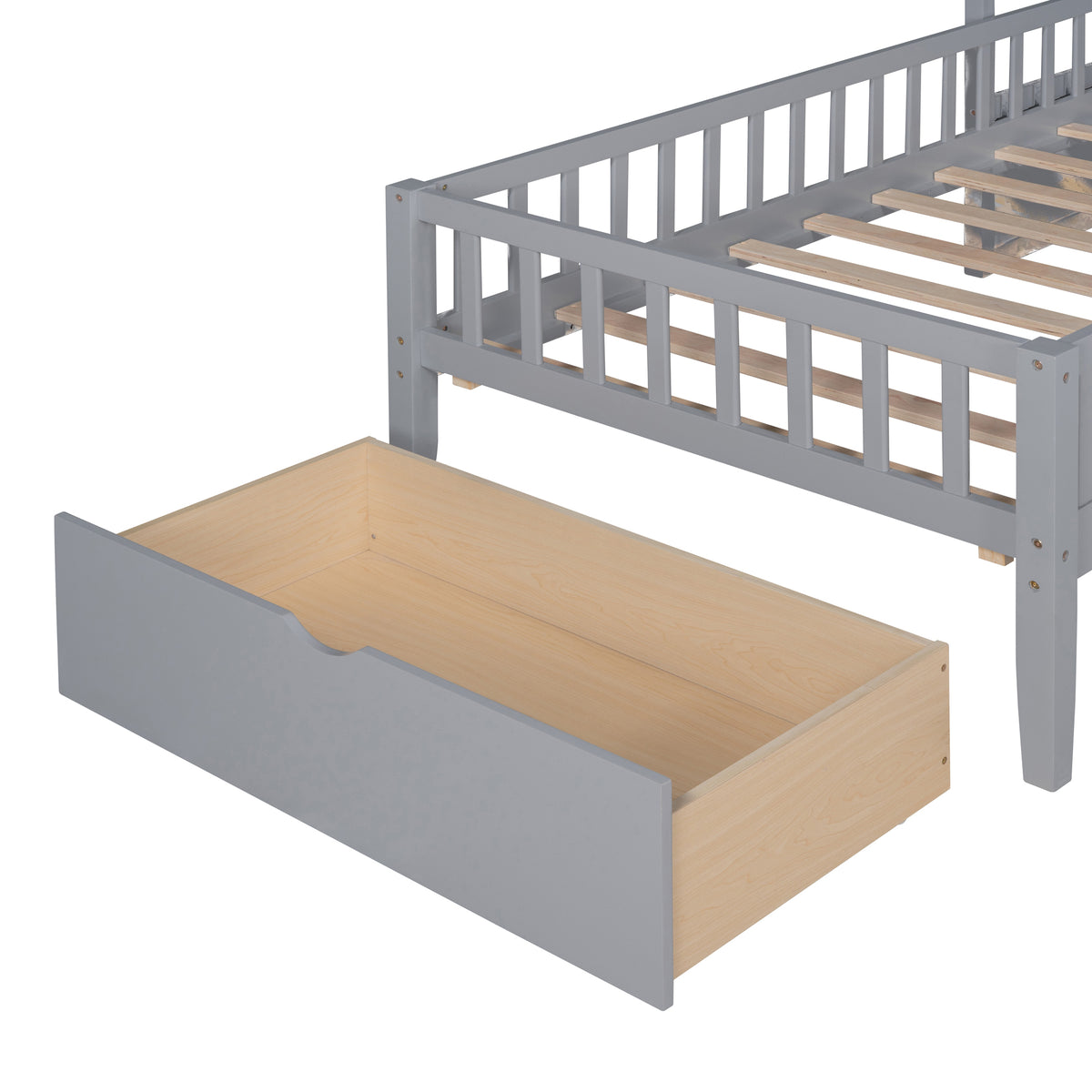 Twin Size House Bed with Upholstered Sofa, Charging Station, Shelves and Two Drawers, Gray Y778429