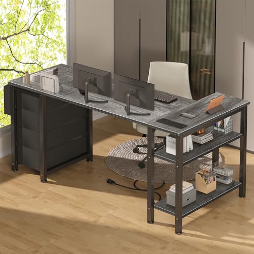 Black L Shaped Gaming Desk with Drawers & Storage Shelves, 47 Inch, Power Outlet B8460