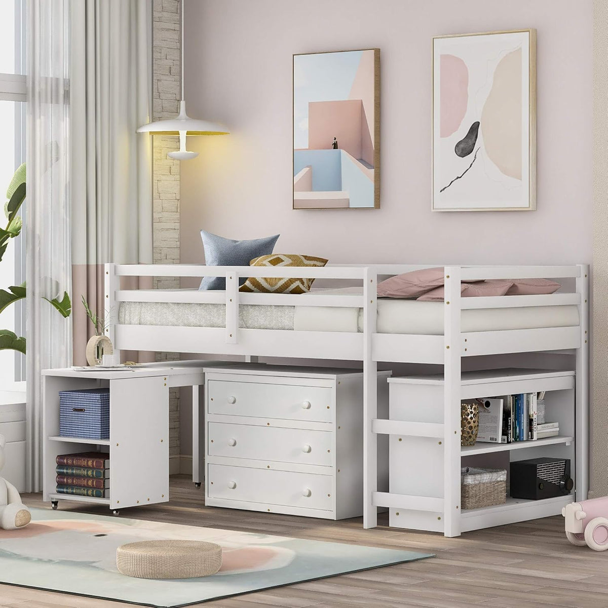 White Wood Twin Loft Bed with Storage Drawers A145