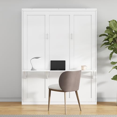 White Wood Full Murphy Bed with Shelf S550127