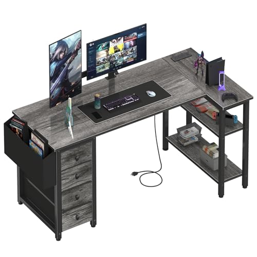Black L Shaped Gaming Desk with Drawers & Storage Shelves, 47 Inch, Power Outlet B8460