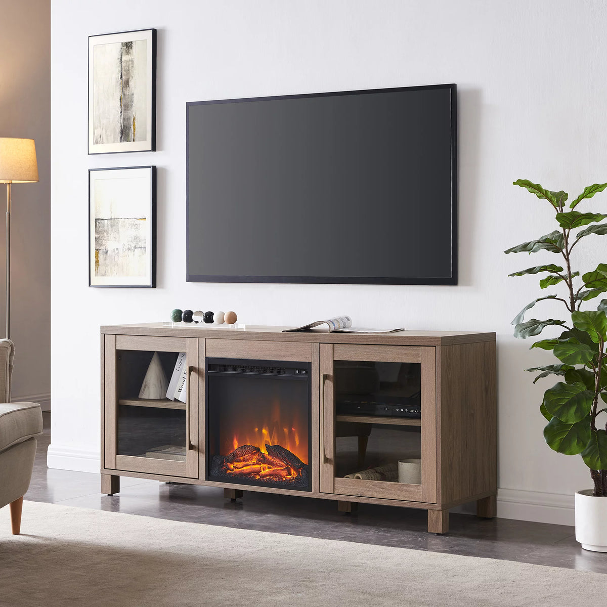Antiqued Gray Oak Rectangular TV Stand with Log Fireplace H746160