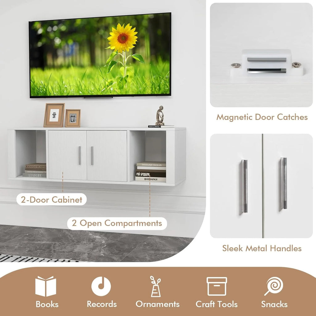 Wall Mounted Storage Cabinet 2 Cube Floating Desk with 2 Doors and 2 Open Shelves White Z1271