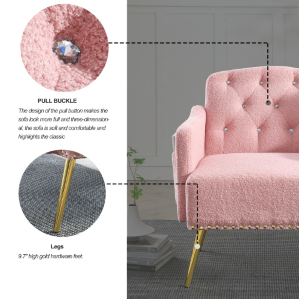 Pink Teddy Upholstered Chesterfield Chair with Gold Hardware Legs H457