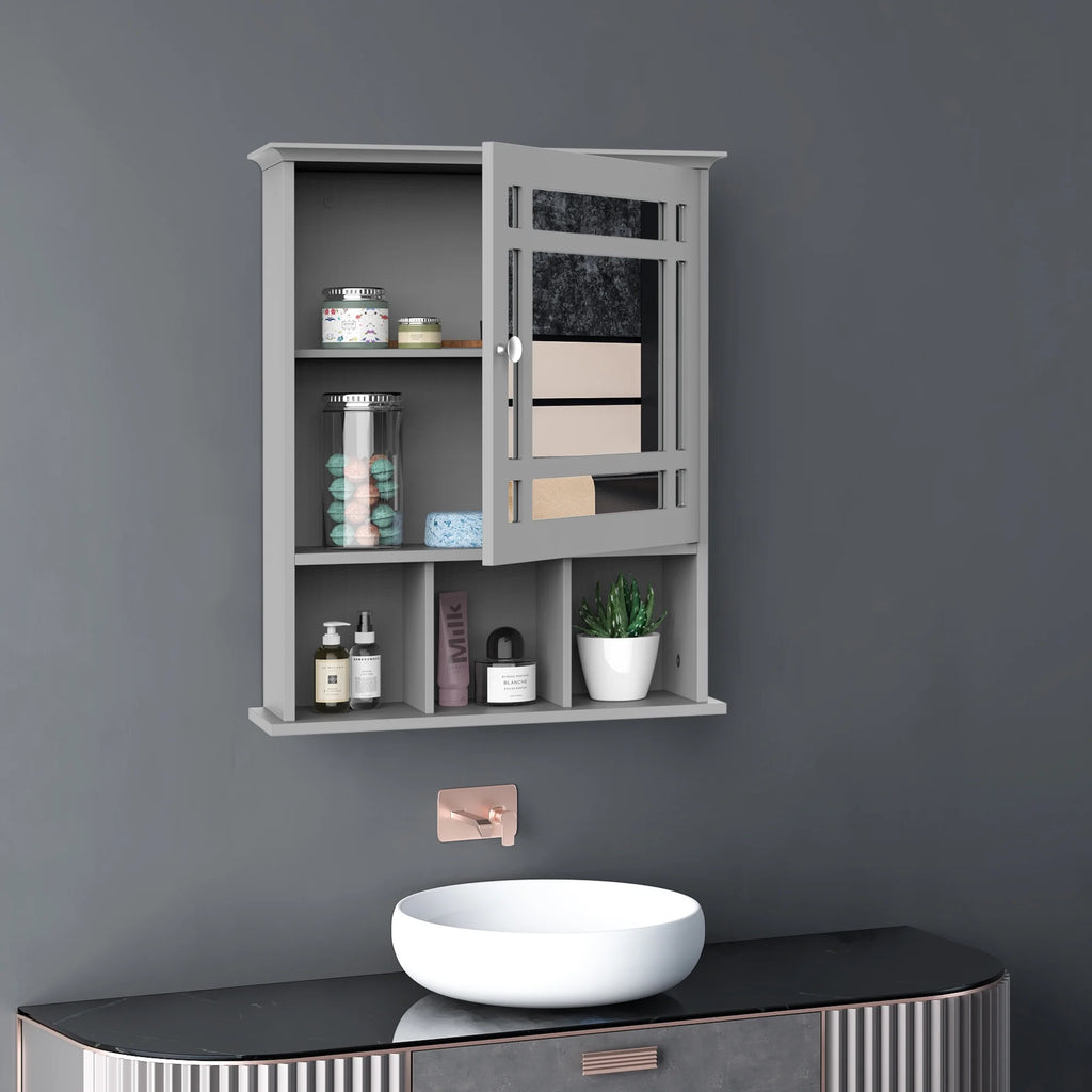 Gray Wall Mount Bathroom Cabinet with Mirror Door and Open Shelves G913379