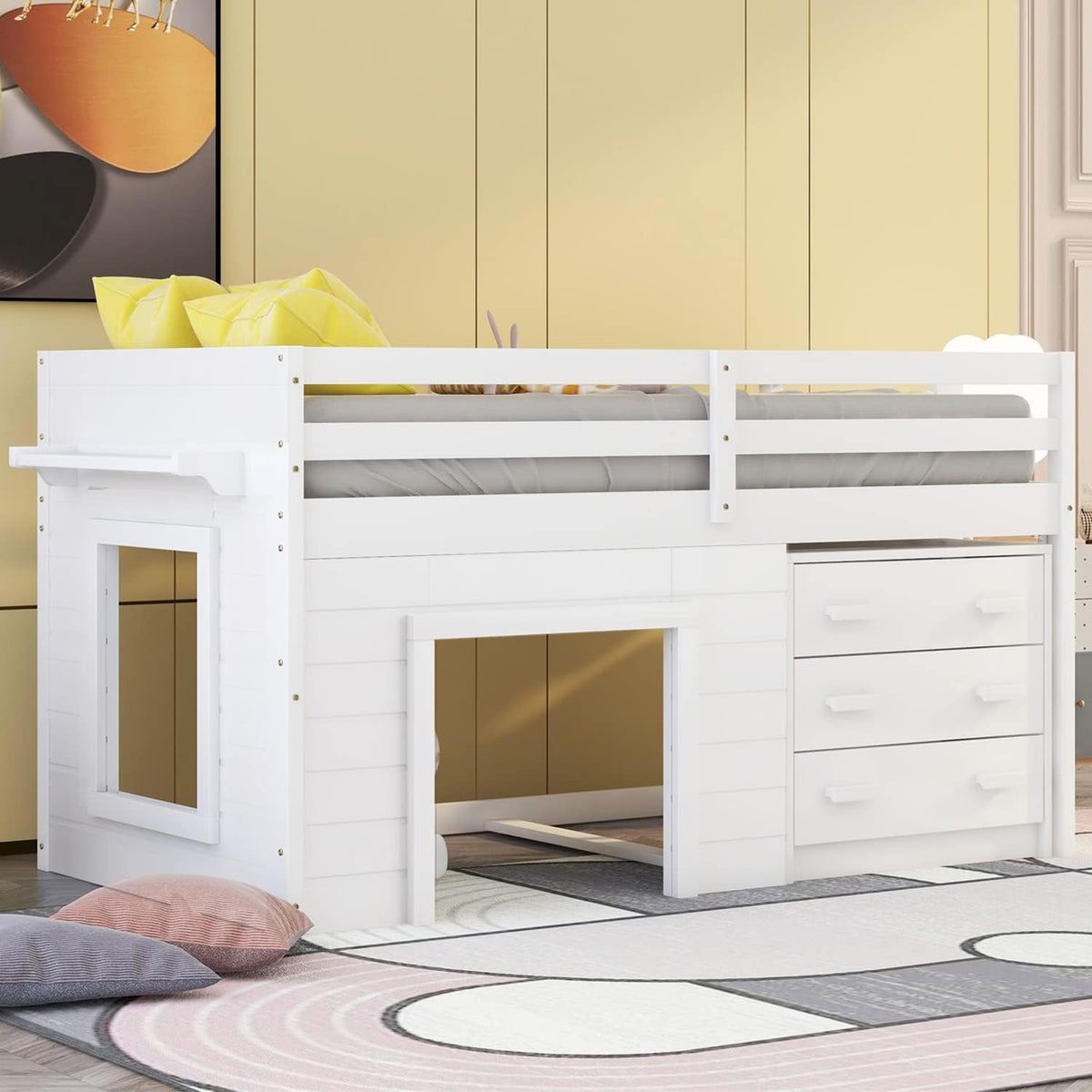 White Wood Twin Loft Bed with Storage Drawers A145