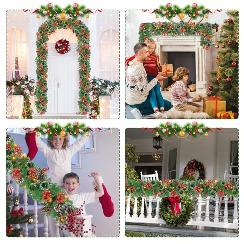 9Ft Pre-lit Christmas Garland with LED Lights Battery Operated, Decorated with Red Flower, Balls, Berries, Snowy Pine X710