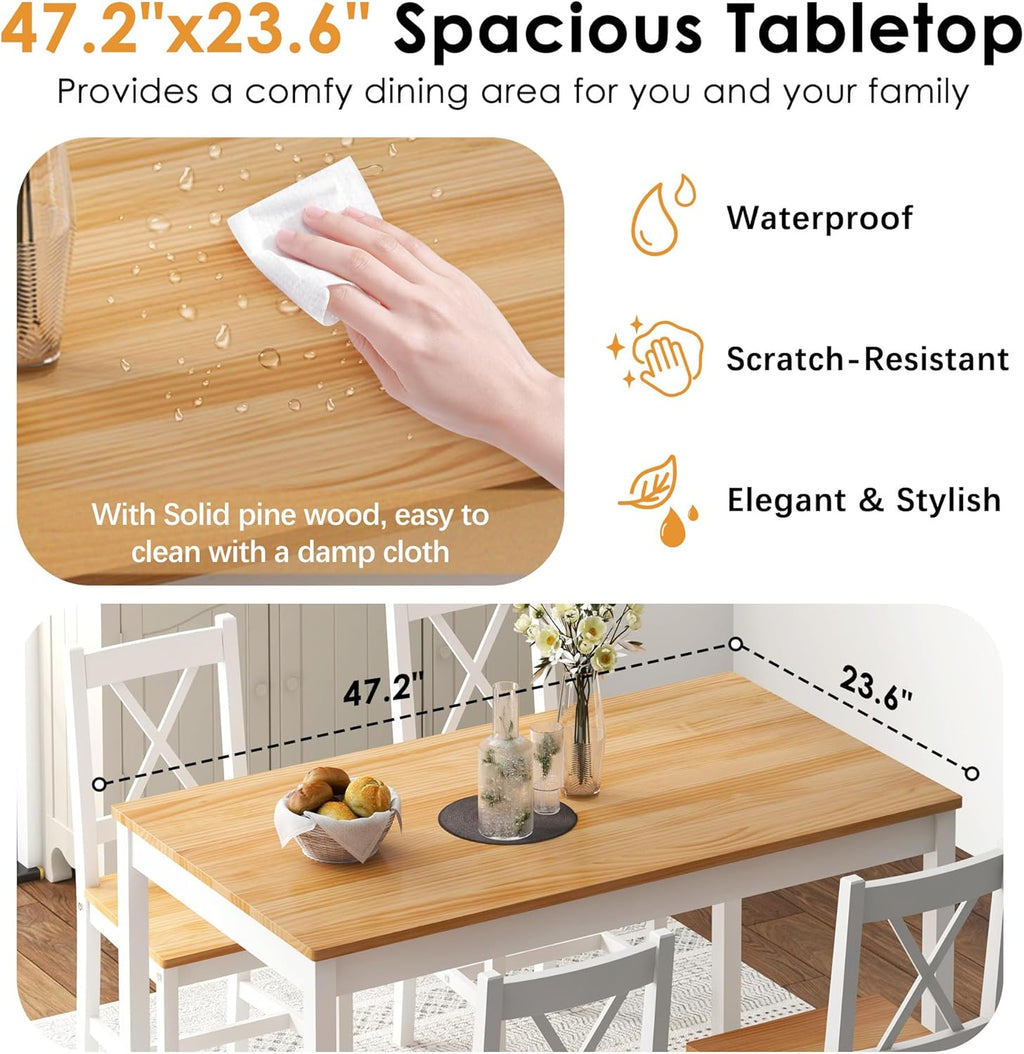 5 Piece Pine Wood Dining Table Set with 4 Chairs T457