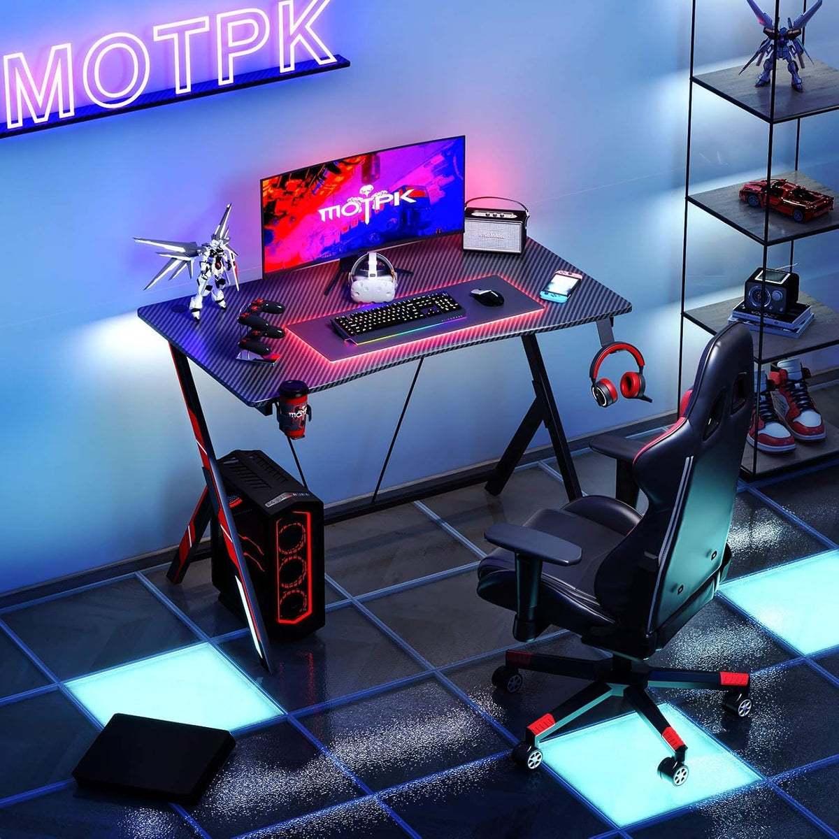 31 inch Gaming Desk with Carbon Fiber Surface and Headphone Hook and Cup Holder S729333