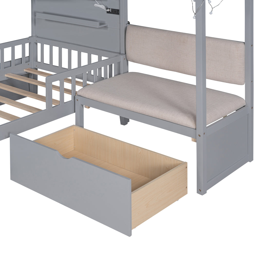 Twin Size House Bed with Upholstered Sofa, Charging Station, Shelves and Two Drawers, Gray Y778429