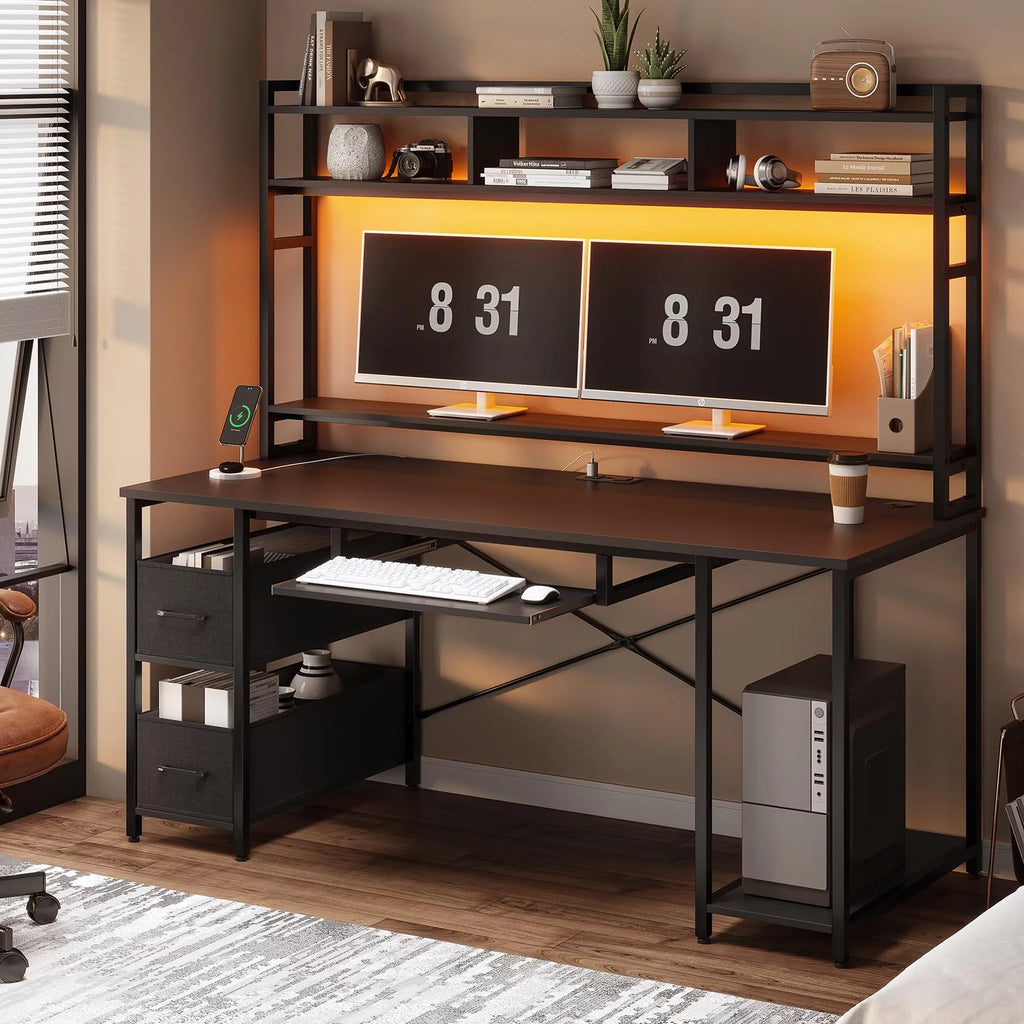 55" Black Wood Computer Desk with LED Lights O209