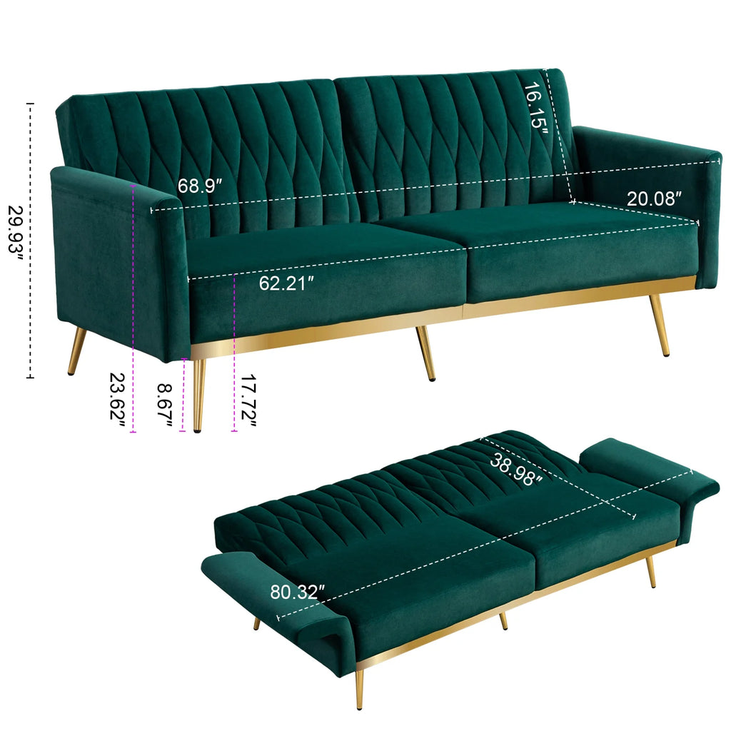 Green Velvet Convertible Futon Sofa Bed X576860