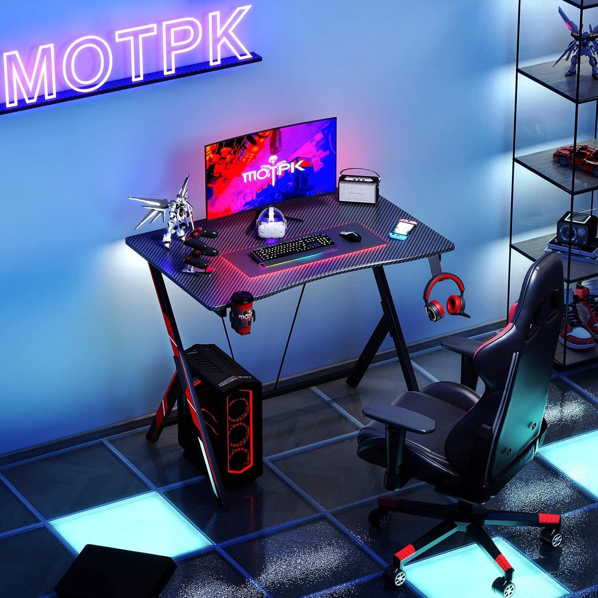 31 inch Gaming Desk with Carbon Fiber Surface and Headphone Hook and Cup Holder S729333