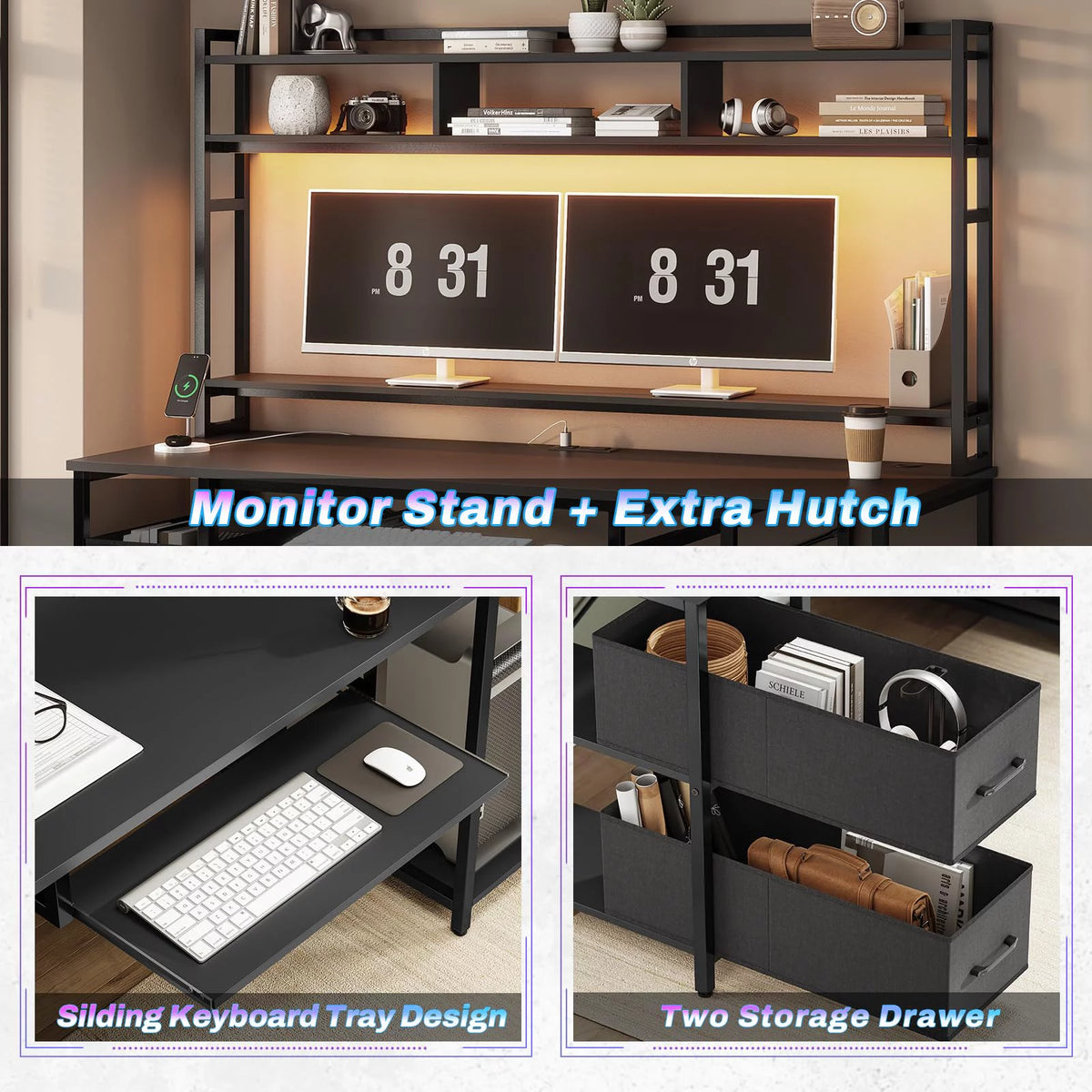 55" Black Wood Computer Desk with LED Lights O209