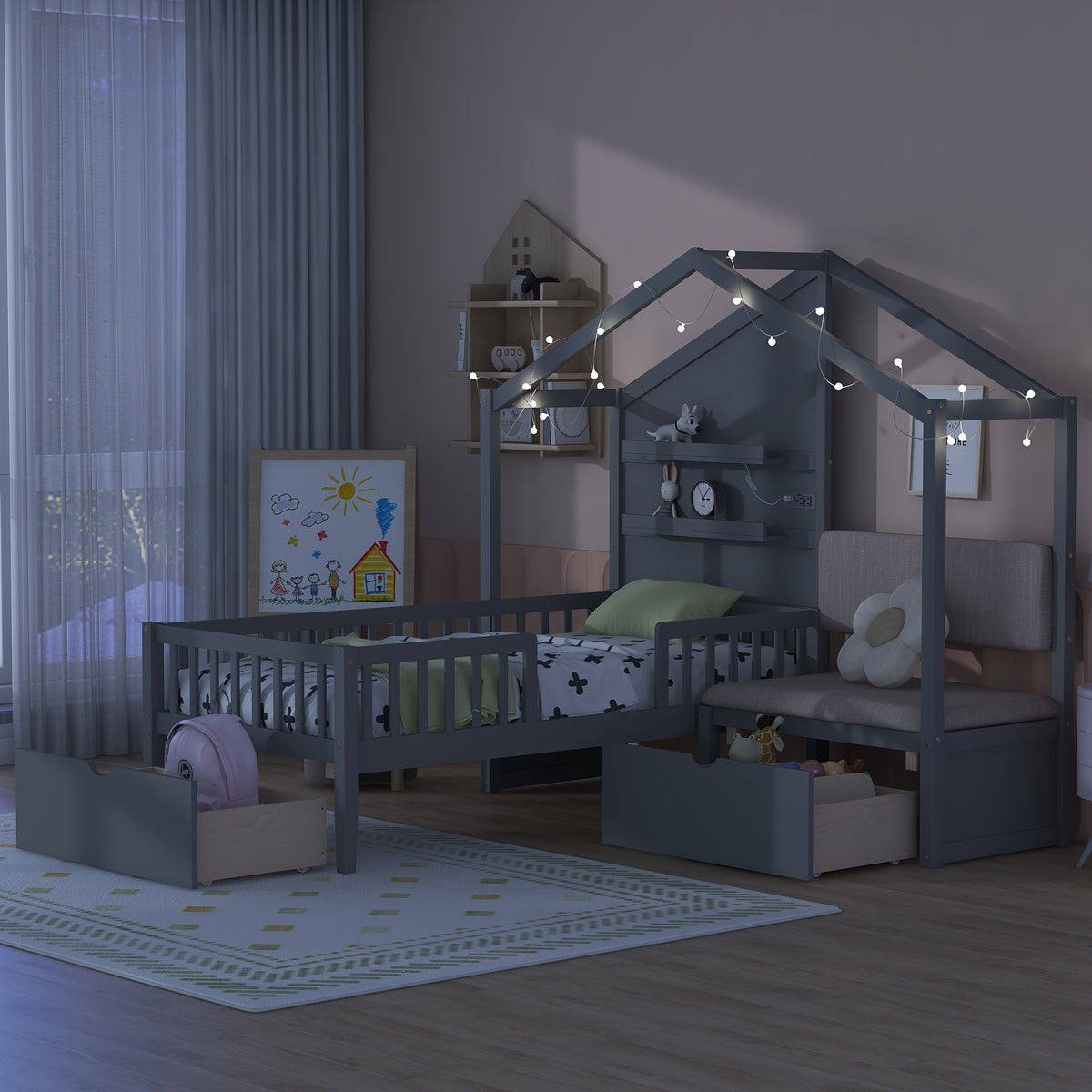 Twin Size House Bed with Upholstered Sofa, Charging Station, Shelves and Two Drawers, Gray Y778429