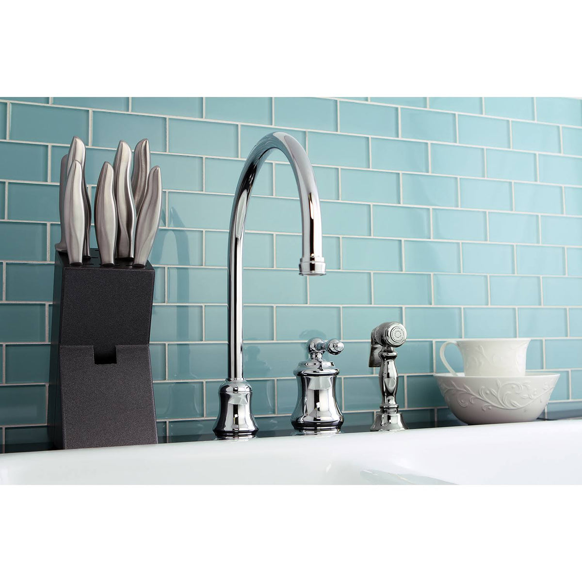 Single Handle Widespread Kitchen Faucet with Brass Sprayer, Polished Chrome A41017