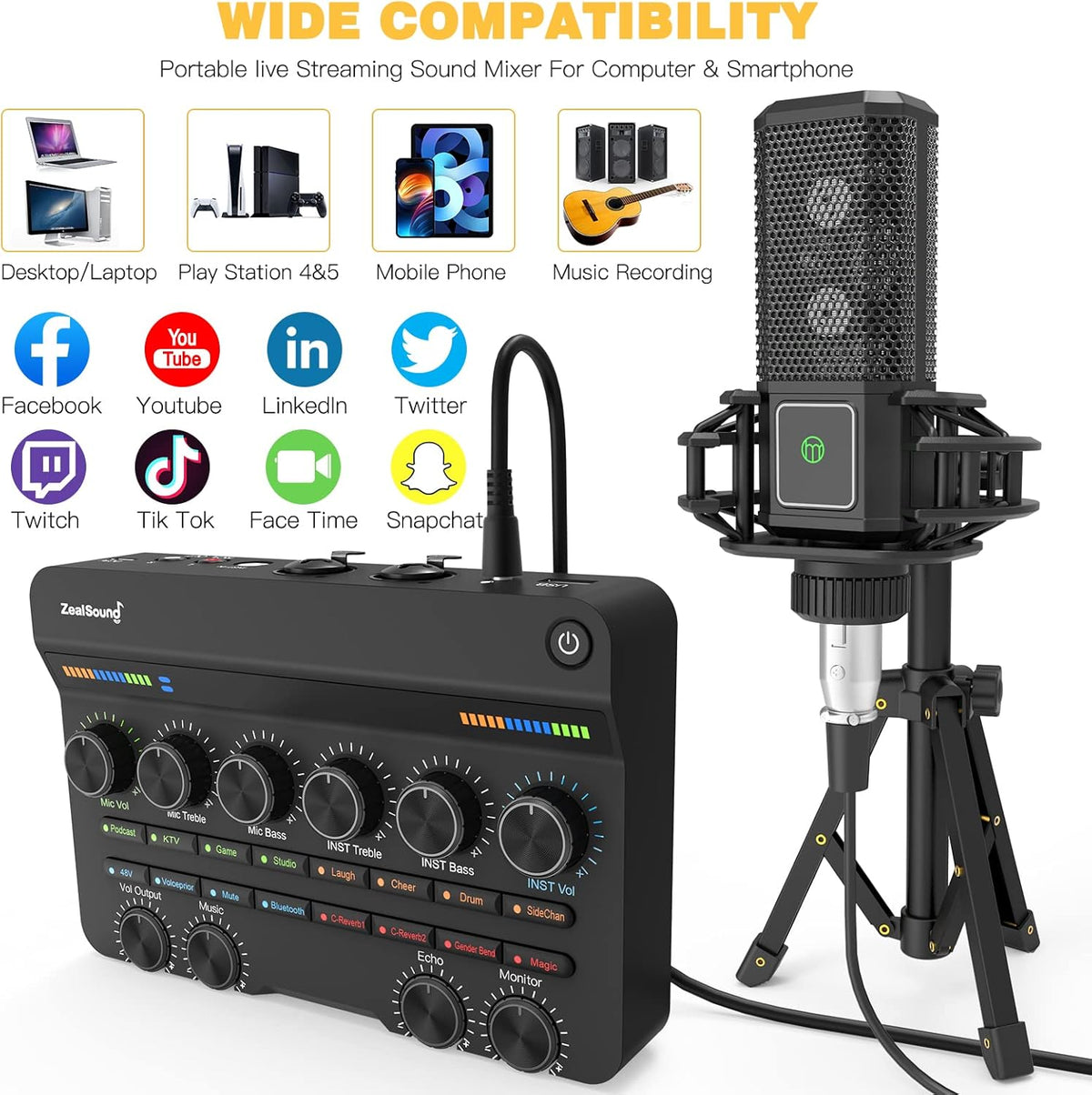 Audio Interface with DJ Mixer and Live Sound Card Kit, Podcast Equipment Bundle Sound Board with XLR Microphone, USB/Bluetooth, Pack of 2 I3434