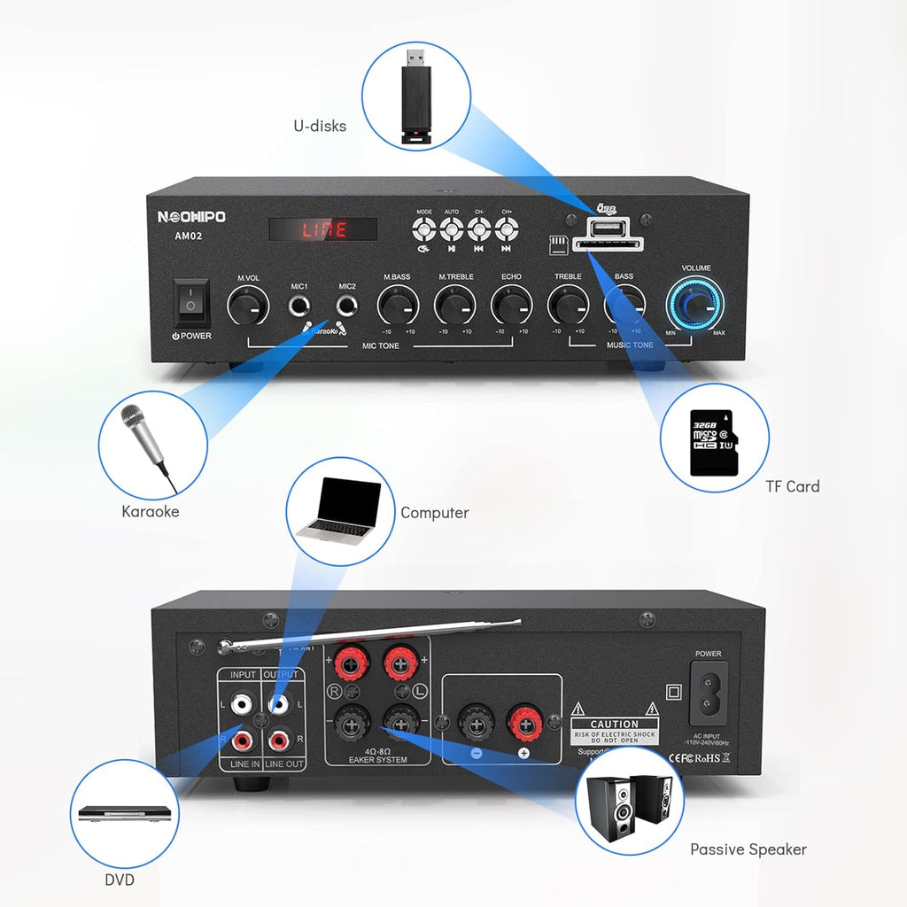 300Watts Bluetooth 5.0 Class AB Stereo Audio Receiver Amplifier 2 Channel Power Amp Pack of 2 V681