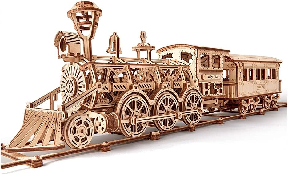 Wooden Toy Train Set with Railway - 34x7″ - Mechanical Model Kit - 3D Wooden Puzzle - DIY Toy Pack of 2 B93993
