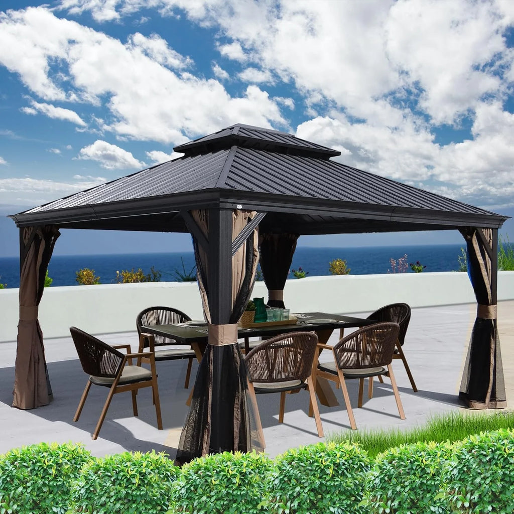 Hardtop Aluminum Gazebo with Mosquito Net and Privacy Sidewalls U221502