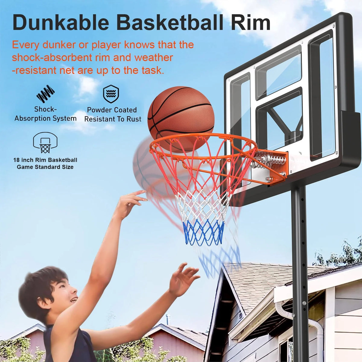 Height Adjustable Portable Basketball Hoop with Shatterproof PVC Backboard and 18 Rim A2259