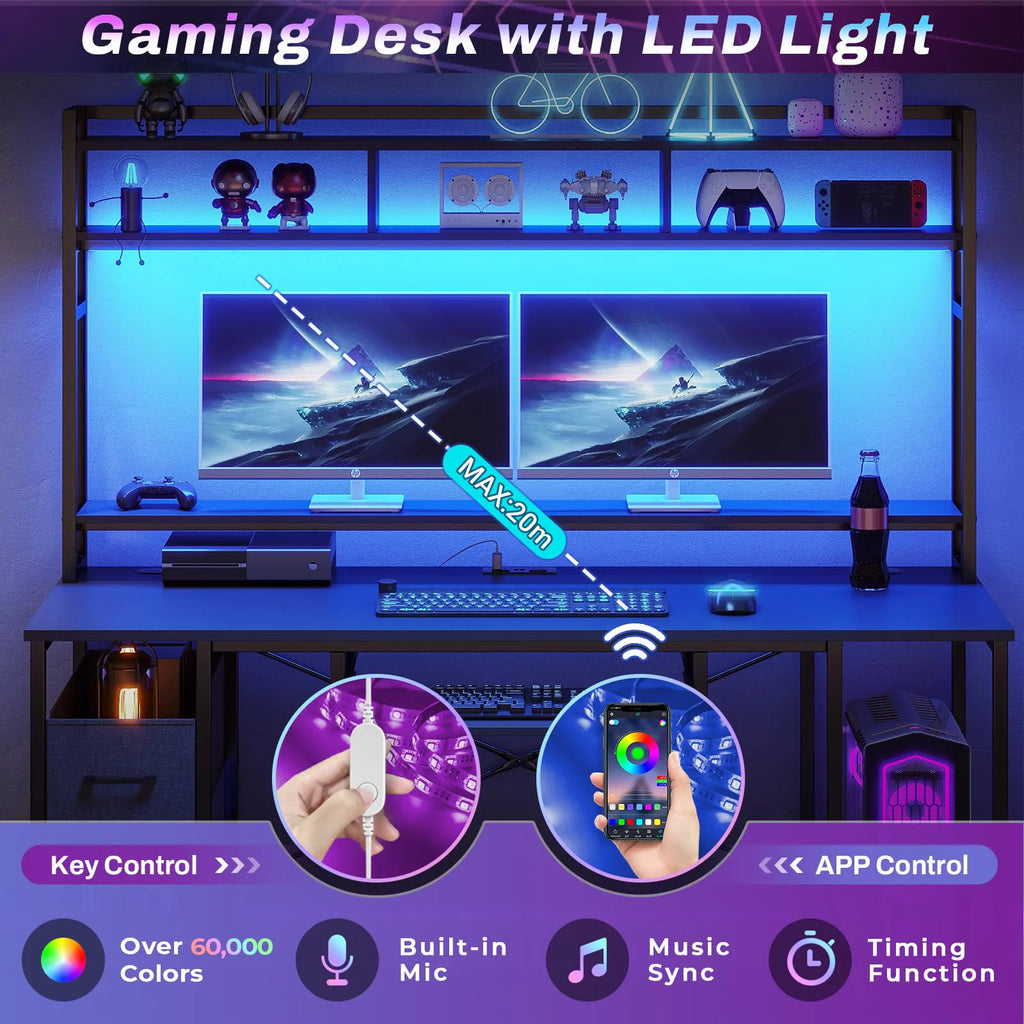 55" Black Wood Computer Desk with LED Lights O209
